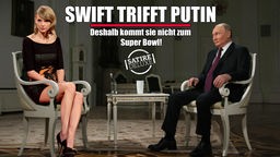Satirische Fotomonatge: Taylor Swift und Wladimir Putin sitzen sich zum Gespräch gegenüber