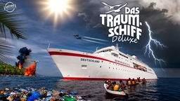 Satirische Bildmontage: Die MS Deutschland schippert durchs Meer - um sie herum Katastrophen