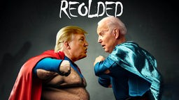 Bildmontage: Trump und Biden als alte Actionhelden, die sich bekämpfen