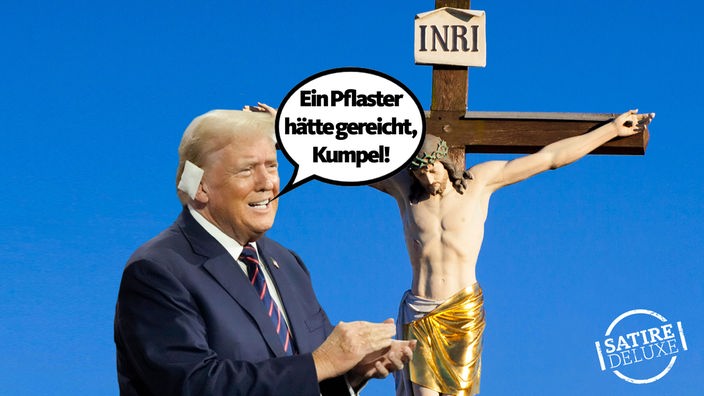 Donald Trump mit Ohrpflaster, im Hintergrund Jesus am Kreuz.