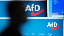 Der Schattenriss eines Menschen vor verschiedenen AfD-Logos im Hintergrund.