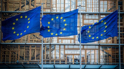  Flaggen der Europäischen Union wehen im Wind vor dem Europa-Gebäude 