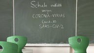 Auf einer Tafel steht "Schule entfällt wegen Corona-Virus"