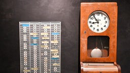 Symbolbild zur Arbeitszeiterfassung. Eine Uhr hängt an der Wand, daneben Karten zur Zeiterfassung der Arbeitsstunden