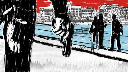 Die Grafik zum Tiefenblick "Der Schuss von Porz" zeigt im Hintergrund vier junge Männer am Rhein in Köln und im Vordergrund eine Hand die eine Waffe hält. 