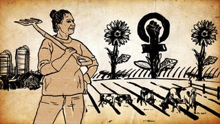 Illustration. Frau steht mit einer Mistgabel auf dem Acker. Links von ihr ein Bauernhof im Hintergrund. Rechts von ihr Kühe und das Symbol der Frauenbewegung, das aus einer Pflanze wächst, zwischen zwei Sonnenblumen