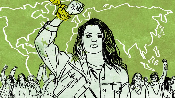 Illustration einer jungen Frau mit geballter Faust und einem grünem Band um ihr Handgelenk gebunden, als Symbol der Frauenproteste in Argentinien 2020