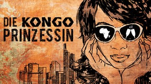 Illustration: Die Kongo-Prinzessin - Gesicht einer Frau mit Sonnenbrille vor der Skyline von Frankfurt