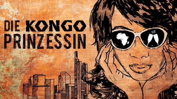 Illustration: Die Kongo-Prinzessin - Gesicht einer Frau mit Sonnenbrille vor der Skyline von Frankfurt