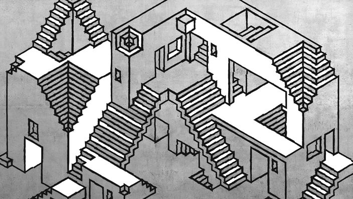 Das Beitragsbild des Tiefenblick Feature "Bautagebuch" zeigt eine Grafik einer nie endenden Treppe im Stil Eschers in Betongrau. 