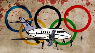 Grafik des Tiefenblick "Himmelfahrtskommando" zeigt eine Illustration des Flugzeugs und der palästinensischen Terroristen während des Olympia-Attentats 1972.