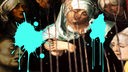 Das Beitragsbild des WDR5 Tiefenblick "Der Kunstzerstörer" zeigt eine grafische Darstellung eines Rembrandt Gemäldes übersät mit Farbklecksen. 