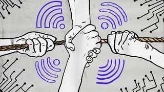 Grafik zeigt zwei Hände die miteinander um ein Seil ringen und zwei Hände die sich fest umschließen. 