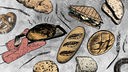 Die Grafik für WDR 5 Tiefenblick "Von Schnitten und Stullen" zeigt verschiedene Brotsorten, belegtes Sandwich und ein Backblech mit frisch gebackenem Brot, gehalten von zwei Händen in Backhandschuhen