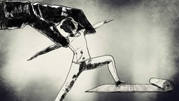Illustration: Frau beim Yoga, gehalten von einer großen dunklen Hand.