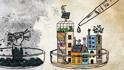 Illustration zur Serie "Zukunft – Wie wollen wir leben?": Eine Petrischale und eine Pipette auf der eine Seite, eine bunte Stadt wächst aus der Petrischale. Gegenüber eine Hand mit Geldscheinen.i