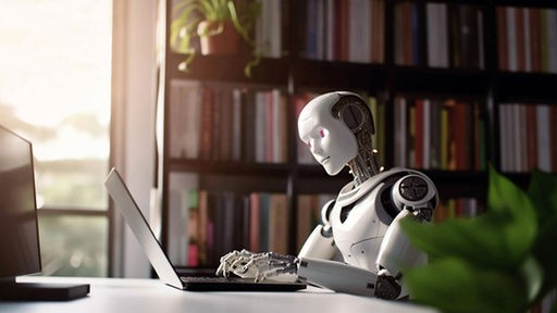  Roboter schreibt Text auf Laptop, 24.03.2023. 