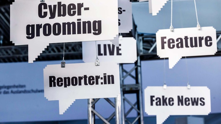 Cybergrooming, Reporter, Feature und Fake News stehen auf Schildern geschrieben. 