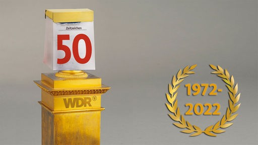 Montage: Kalenderblatt mit der Zahl 50, Säule mit der Aufschrift WDR, Lorbeerkranz mit der Inschrift 1972 bis 2022