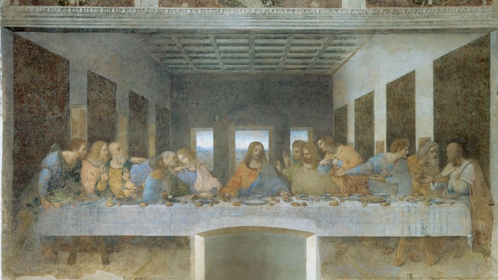 "Das letzte Abendmahl" von Leonardo da Vinci, Wandgemälde (460 x 880 cm), Mailand, Kloster S. Maria della Grazie, Aufnahme nach der Restaurierung