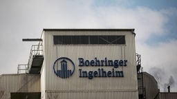 Schriftzug "Boehringer Ingelheim" auf einem Werksgebäude 