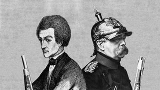 Dramatisches Duell im Morgengrauen: Der Sozialist Ferdinand von Lassalle (links) und Otto von Bismarck, Rücken an Rücken sitzend mit einer Pistole in der Hand