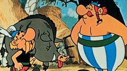 Asterix trägt pfeifend ein Wildschwein und begegnet Obleix