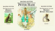 Drei Buchcover: "Die Geschichte von Herrn Gebissig", "Die gesammelten Abenteuer von Peter Hase" und "Die Geschichte von den beiden bösen Mäusen",von Beatrix Potter, Diogenes Verlag