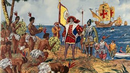 Gemälde mit Christoph Kolumbus und Indigenen 