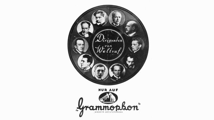 Plakat mit Porträts verschiedener Dirigenten mit Logo und Schriftzug "Grammophon"