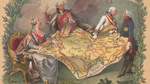 Katharina II., August von Polen, Joseph II. von Österreich und Friedrich II. von Preußen beugen sich über eine Karte (Kupferstich zur ersten Teilung Polens 1772)