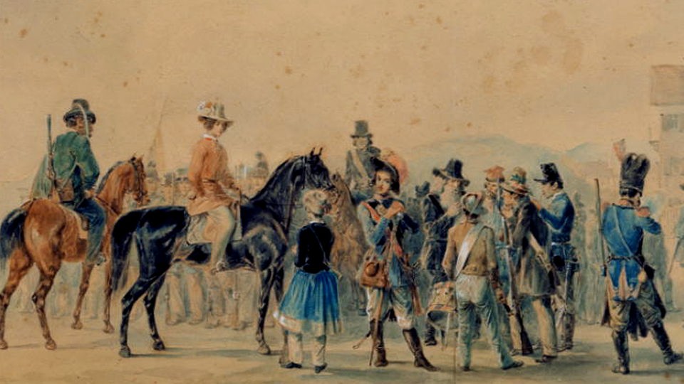 Lithographie "Mathilde Franziska Anneke zu Pferd"