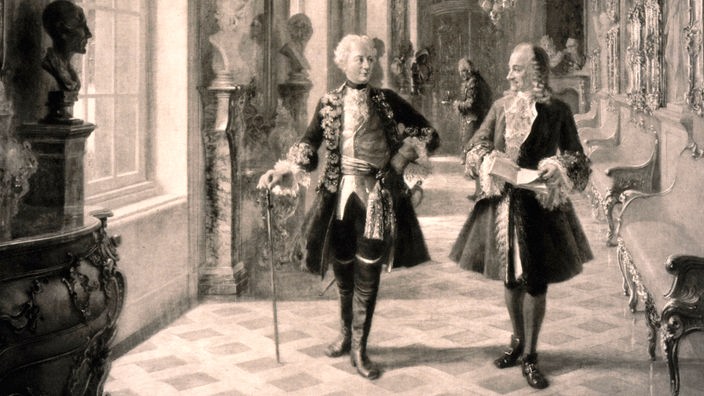 Friedrich der Grosse und Voltaire in Bildergalerie von Sanssouci. Lichtdruck nach Gouache, um 1900, von Georg Schoebel