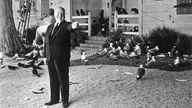Alfred Hitchcock vor der Kulisse zu dem Film "Die Vögel"