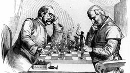 Kulturkampf zwischen Berlin und Rom: Reichskanzler Bismarck und Papst Pius IX. spielen gegeneinander Schach (Holzstichkarikatur aus "Kladderadatsch" von 1875)