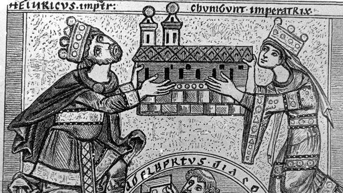 Heinrich II. mit seiner Gemahlin Kunigunde als Kirchenstifter, zeitgenössische Darstellung