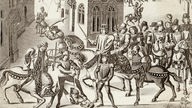 König Richard II. reitet durch die Straßen von London, Holzstich