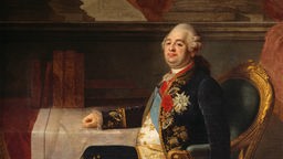 Ein Gemälde zeigt König Ludwig XVI., einen beleibten Mann mit herablassendem Blick, in einer prachtvollen Uniform, auf einem Sessel sitzend