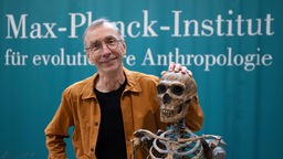 Der schwedische Evolutionsforscher Svante Pääbo steht im Max-Planck-Institut für evolutionäre Anthropologie in Leipzig an der Nachbildung eines Neandertaler-Skeletts. Für seine Forschung hat Pääbo den Nobelpreis für Medizin oder Physiologie erhalten.