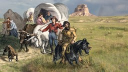 Siedler mit Planwagen und zu Pferd