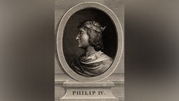 Stich zeigt ein Porträt des französischen Königs Philipp IV im Profil nach links schauend