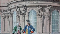 Zeichnung: Friedrich II. (der Große) mit Voltaire vor dem Schloss Sanssouci