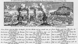 Symbolische Darstellung des Hubertusburger Friedens vom 15. Februar 1763 zwischen Preußen, Österreich und Sachsen (zeitgenösssischer Kupferstich von Johann Martin Will) 