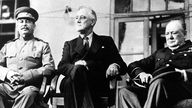 Konferenz der Großen Drei in Teheran 1943, v.l. Josef Stalin, Franklin D. Roosevelt, Winston Churchill