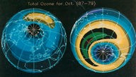 Mittlere globale Ozondichten im Monat Oktober im Zeitraum 1979 - 1987, gemessen mit dem Toms-Satelliteninstrument.