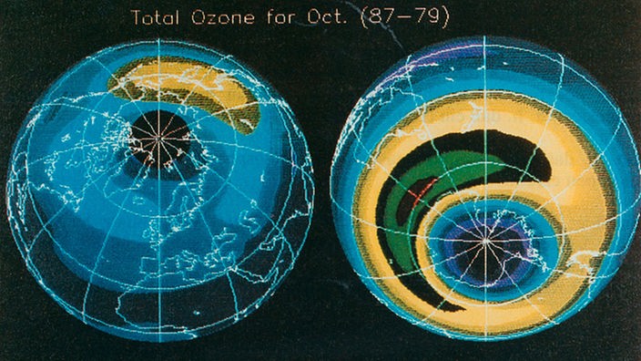  Mittlere globale Ozondichten im Monat Oktober im Zeitraum 1979 bis 1987, gemessen mit dem Toms-Satelliteninstrument