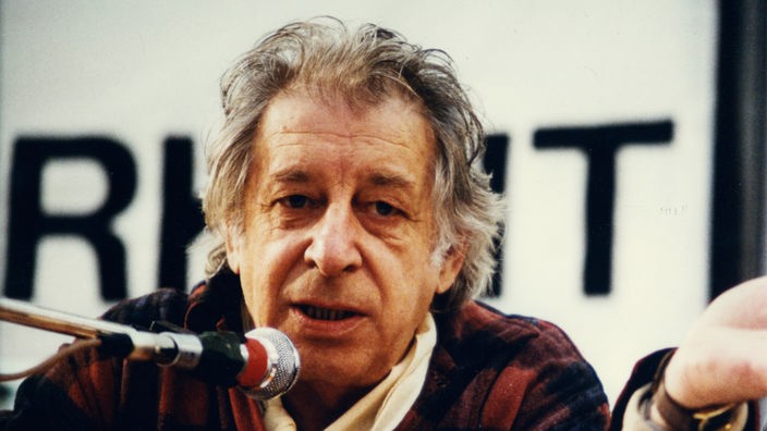 Mann mit wuscheligem, grauem Haar redet sitzend in ein Mikrofon