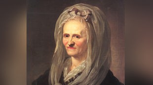 Gemälde zeigt eine Frau mit hagerem Gesicht und hoher Stirn, schmalen roten Lippen und voluminösen, aber dennoch zarten Kopftuch