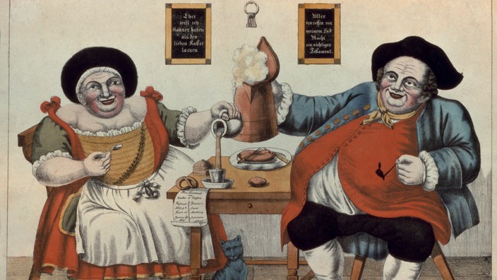 Bier als wichtiges Lebensmittel im 19. Jahrhundert: Radierung, koloriert, um 1810