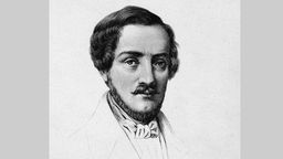 Stich zeigt ein Porträt des Komponisten Gaetano Donizetti, ein Mann mit gewelltem Haar und einem gepflegten Vollbart